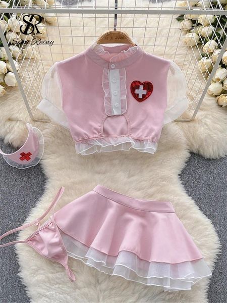 Vestidos de trabalho singiny enfermeira uniforme cosplay sexy ternos mulheres mangas curtas babados top mini saia tangas nightwear 2024 roupa pornô erótica