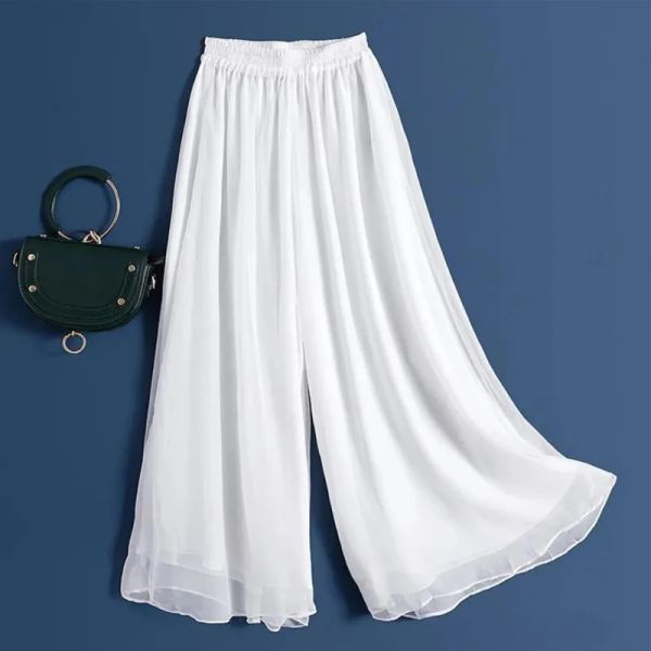 Capris, einfache und locker sitzende Sommer-Neue Chiffon-Hose mit weitem Bein für Damen, weiße, hoch taillierte, schmal sitzende Eishose, lässig, 9 Punkte