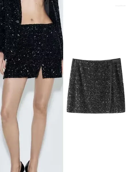 Saias pretas lantejoulas para mulheres glitter cintura alta brilhante bodycon mini lápis festa chique lado zíper senhora