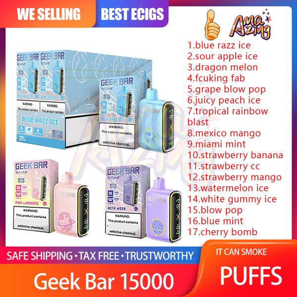 Orijinal Geek Bar 15000 Puf E Sigara Tek Kullanımlık Vapes Pod Cihaz 650mAh Şarj Edilebilir Pil 17% 16ML Kartuş Başlangıç ​​Kiti 15K Puflar