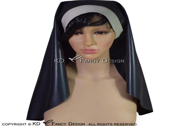 Preto e branco sexy látex freira hábito com botões de borracha capacete máscara plus size xxl 02068499015