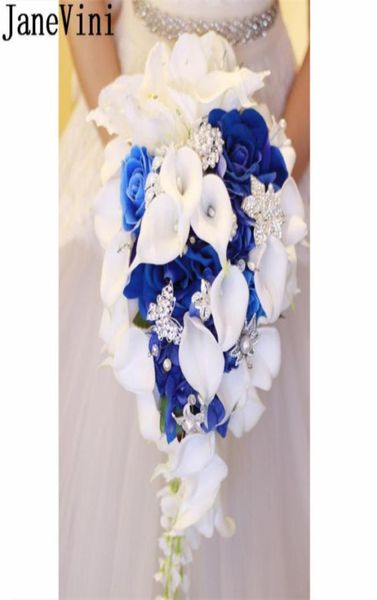 JaneVini Royal Blue Wasserfall Künstlicher Hochzeitsstrauß mit Kristallbrautblumen Rosen Calla Lily Brautbrosche Blumenstrauß De Marr1242261