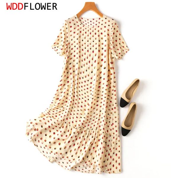 Vestido Mulheres vestido 100% Mulberry Silk Doll DOLS BEGE DOTS IMPRESSO O VESTIDO DE MANDI MIDI DE MANDI ALINE BIM M L XL XXL MM856