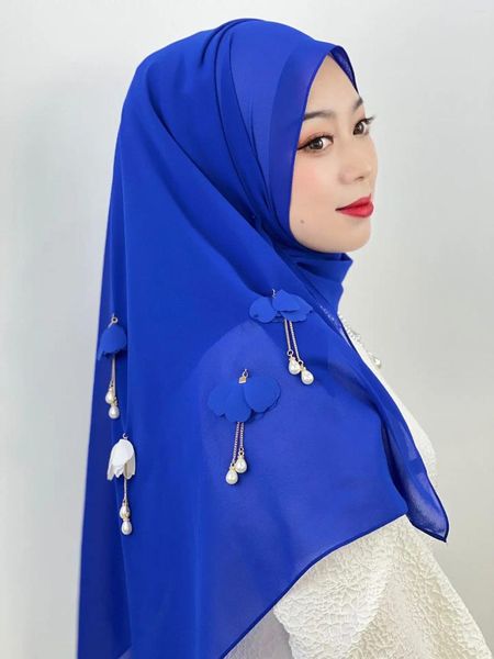 Roupas étnicas Muçulmano Borla Flor Lenço Senhoras 6 Cores Xaile Chiffon Robe Vestido Cor Sólida Belo Lenço Árabe Islâmico Hijab