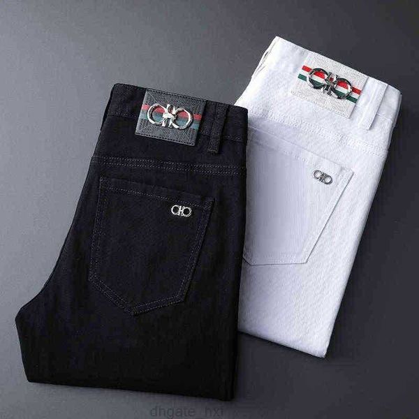 Roupas masculinas calças chino calças jeans de algodão marca bordada fina reta calças jeans