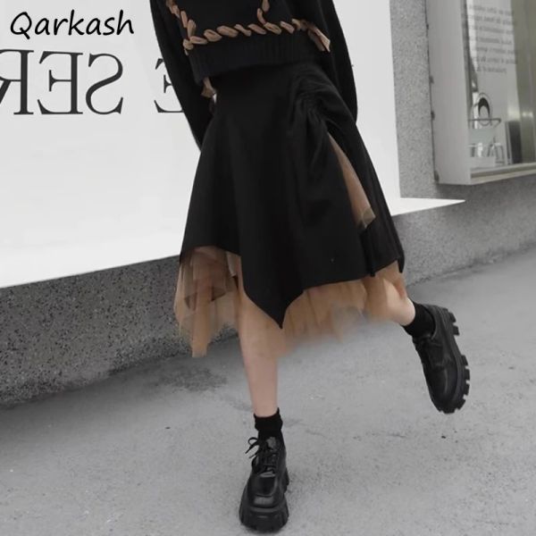 etek midi etek çift katmanlı örgü vintage balinan elbisesi düzensiz dipli dantel laceup trendy Koreanstyle Allmatch Sonbahar New Hotsweet kızları