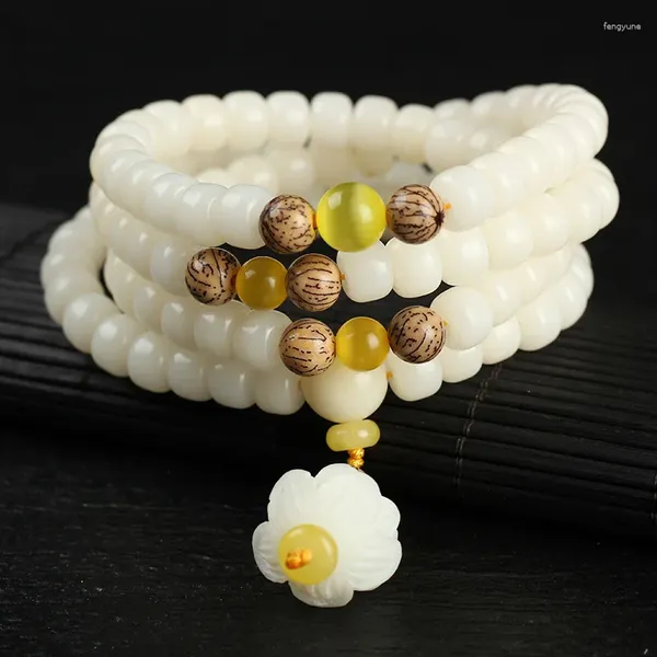 Bracciale con ruota di preghiera in argento tibetano 108a con perline di Buddha Corypha Umbraculifea bianche originali Strand