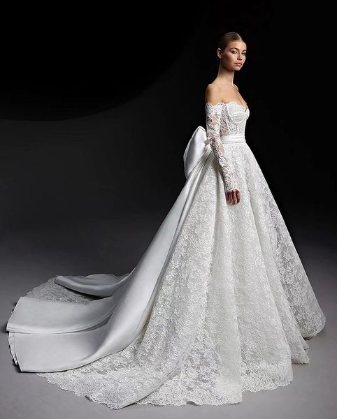 2024 Vintage Schleife Brautkleider Applikationen Spitze A-Linie Kleid für die Braut Anmutiges bodenlanges Brautkleid Vestido De Novia