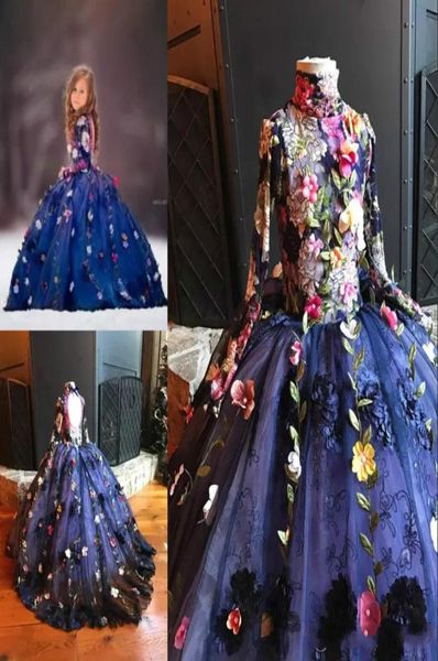 2019 Платье для девочек с высоким воротом и длинным рукавом с 3D цветочными аппликациями. Конкурсные платья для девочек. Кружева ручной работы с цветами Birthda6857459
