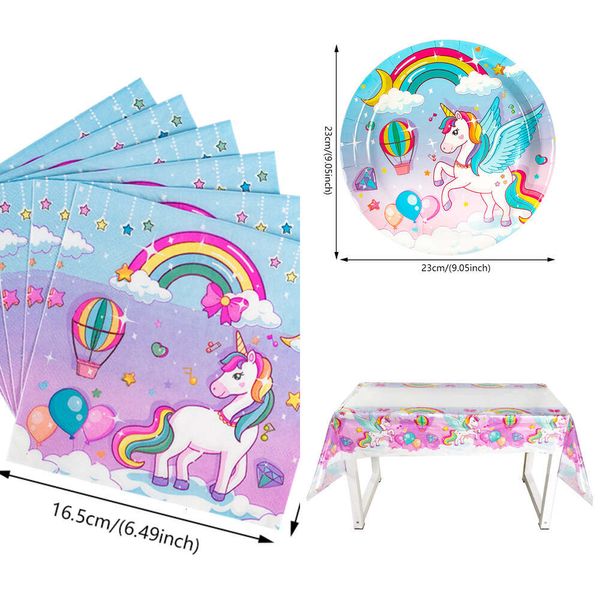 Nuovo set di stoviglie usa e getta arcobaleno Ragazza Unicorno Tema Decorazione festa di compleanno Bomboniere Piatti di carta per bambini Bicchieri Forniture