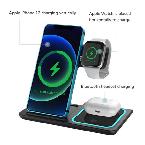 2024 mais recente 15W 3 em 1 Estação de carregamento sem fio compatível para iPhone 15 14 13 12 Apple Watch AirPods Pro Qi Chargers rápidos para celular Smart Mobile Phone