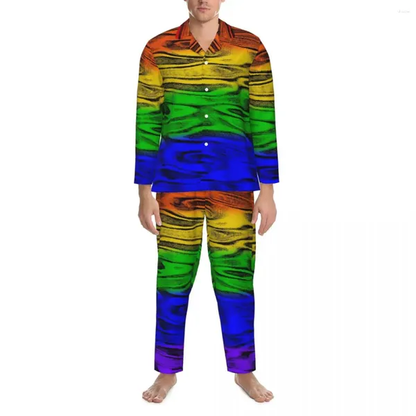 Herren-Nachtwäsche, Regenbogen-Abstrakte Pyjama-Sets, Herbst, buntes Marmormuster, modische Nacht, zweiteilige Retro-Übergröße, individuelle Nachtwäsche