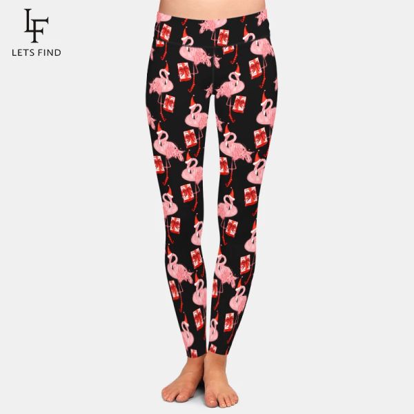 Leggings Letsfind moda natal ano novo flamingo com presente e chapéu de papai noel calças estampadas cintura alta fitness leggings femininas