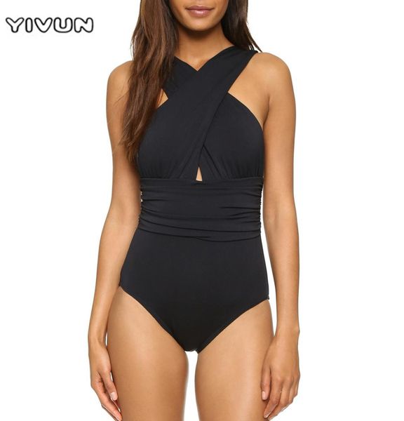 2021 biquíni brasileiro roupa de banho sexy cruz halter feminino um pedaço maiô preto vermelho sólido praia wear natação retro suit5731325