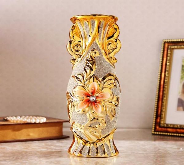 Vaso de porcelana banhado a ouro europeu, vaso de flores de cerâmica vintage avançado para sala de estudo, corredor, casa, casamento, decoração 6030319