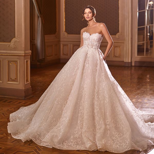 Elegante abito da sposa a trapezio con spalle scoperte e scollo a cuore, abiti da sposa in pizzo ricamato con perline e senza maniche, con giacca rimovibile, personalizzabili