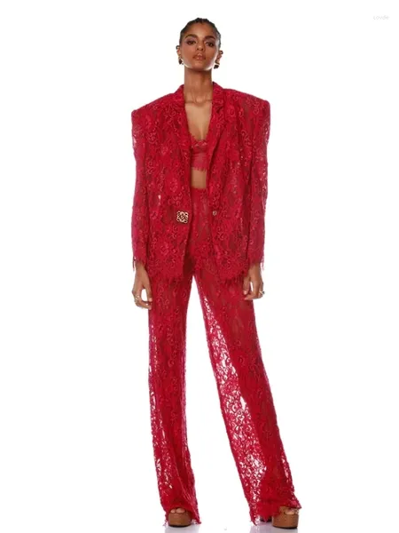 Calças femininas de duas peças sexy terno três conjunto mulheres rosa vermelho laço blazer sutiã calças 3 ternos elegante manga longa casaco noite festa