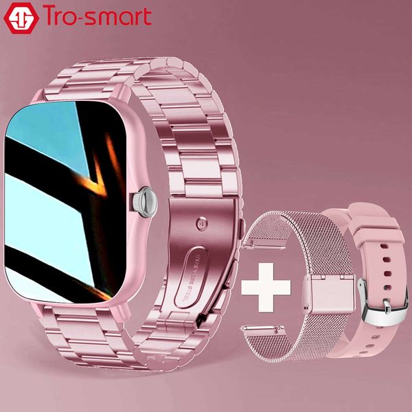 +2pc kayışlar izleyin Kadınlar erkekler akıllı saat kare paslanmaz çelik akıllı saat android iOS fiess izleyici trosmart markası