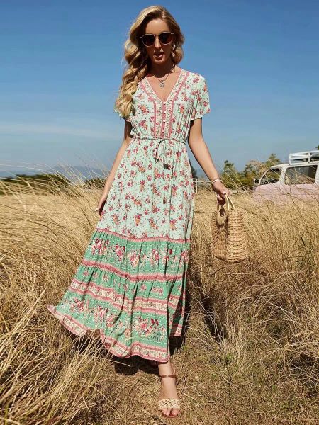 Vestido Happie Queens Mulheres Floral Imprimir Praia Bohemian Maxi Vestidos Senhoras V Neck Front Button Rayon Boho Plissado Sundress Vestidos