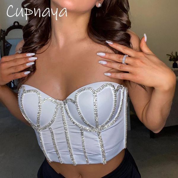 Camis Cupnaya Handgemachtes Damen Glitzer Diamante Crop Top Sexy PushUp Bustier Clubwear Kurzes Korsett Bralette Schlauchweste Schwarz Weiß