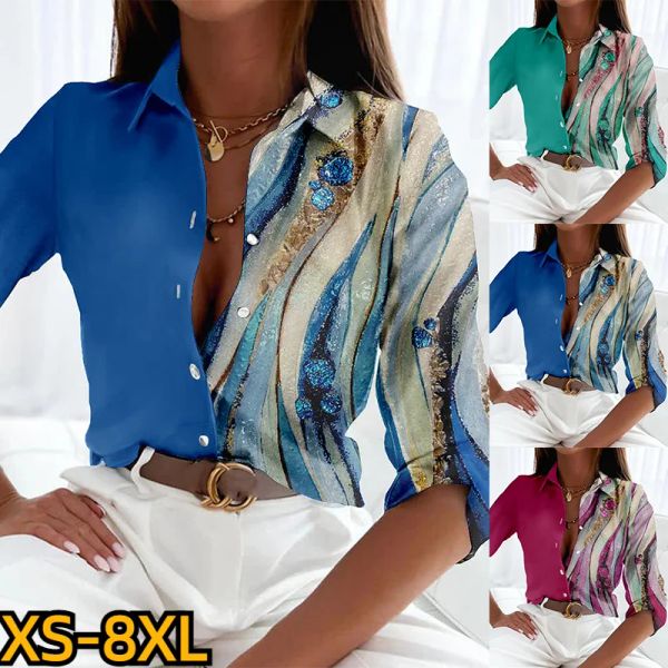 Camicia sexy blusa vneck da donna elegante abbottoneria a manica lunga camicia di moda camicia autunnale camicia vintage nuova stampa design top