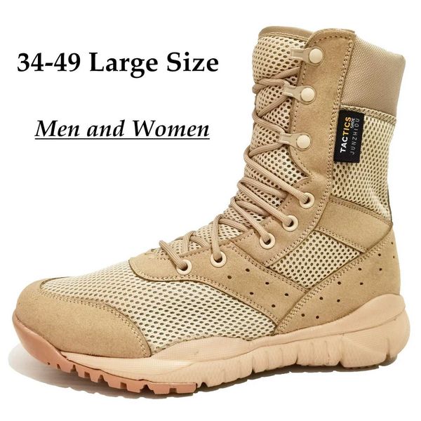 Sapatos ao ar livre Sandálias Malha de verão Respirável Sapatos de caminhada ao ar livre Homens Mulheres Leves Botas táticas de combate no deserto de cano alto 34-49 Plus Size YQ240301