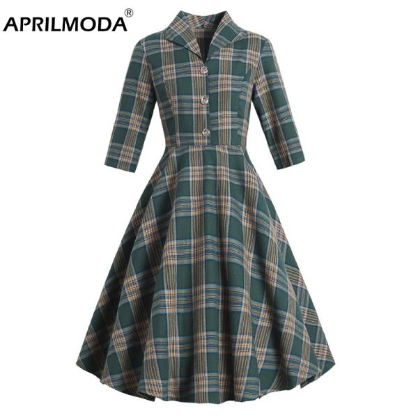 Kleid Frühlingsfrauen Casual Kleid 3/4 Langarm Retro Vintage Roben Rockabilly Jurken grüne Stecknadel Kleider Büro Plaid Print Vestidos