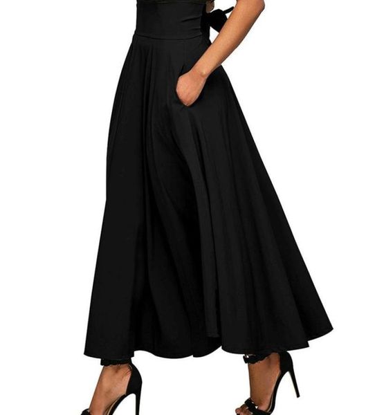 Gonne Donna Lunga Vita alta Gonna a pieghe Spacco sul davanti Cintura Bowknot Maxi Faldas Mujer Vino Rosso Nero Jupe Femme1109011