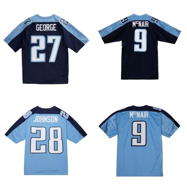 Camisa de futebol costurada 27 Eddie George 9 Steve Mcnair 28 Chris Johnson 9 Steve Mcnair 1999 2003 malha azul retro rugby jerseys homens mulheres e jovens S-6XL