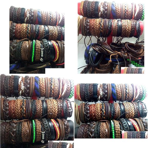 Charme Pulseiras Atacado 100 Pcs Homens Mulheres Vintage Genuíno Couro Surfer Cuff Pulseiras Festa Presente Estilo Misto Moda Jóias Lotes Otkol