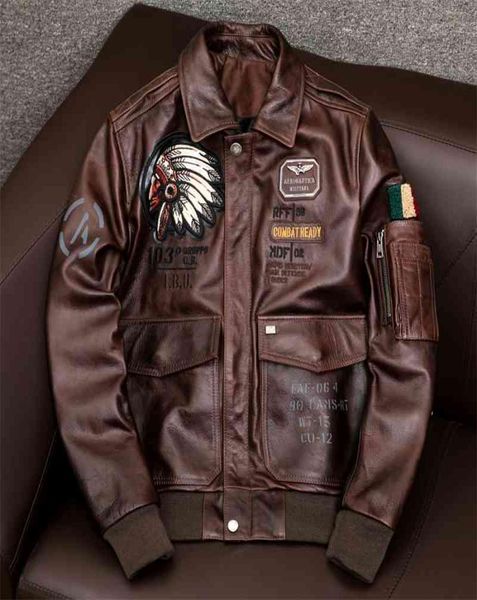 2021 castagna indiano Bomber Fighter giacca in vera pelle 100 vera pelle bovina moto cappotto da motociclista abbigliamento pilota1326565