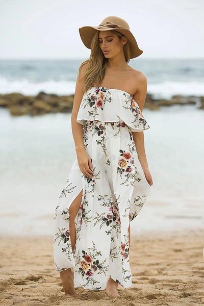 Pantaloni da donna Donna Primavera Estate Stampa Fiore Spacco laterale Gamba larga Mare in vacanza Spiaggia Bianco