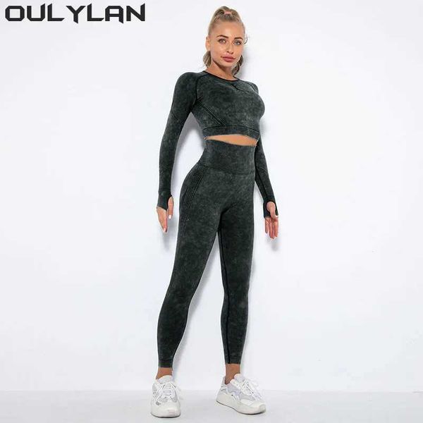 Women's Tracksuits Ouleylan sports pants seamless yoga set fitness sportswear gym attire long sleeved crop top high waisted running legs J240305