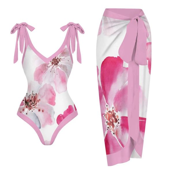 Cover-up feminino retro maiô rosa flor impressão tinta férias beachwear designer maiô verão surf wear