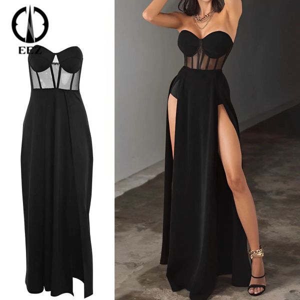 Kleid Durchsichtig Sexy Schwarzes Mesh Patchwork Trägerloses Korsett Lange Kleider Frauen Ärmellose Party Rückenfrei Kokette Schlank Split Figurbetont