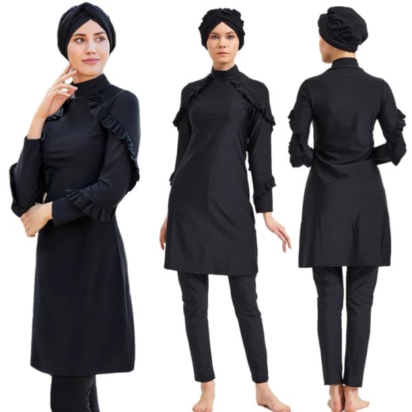 Costumi da bagno Estate Donna Nero Copertura completa Burkinis Musulmano Set due pezzi Costumi da bagno Costume da bagno Manica lunga Top e pantaloni Costume da bagno Beachwear