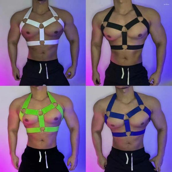 Sahne Giyim Floresan Renk PU Deri Göğüs Kayışı Erkek Gece Kulübü Gogo Dancer Giysileri Seksi Kas Adam Dans Kostümü