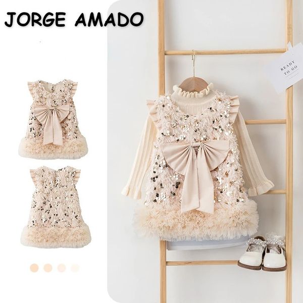 Primavera outono crianças menina define mangas compridas gola redonda malhas tshirtsequins vestido de princesa meninas roupas h392 240220