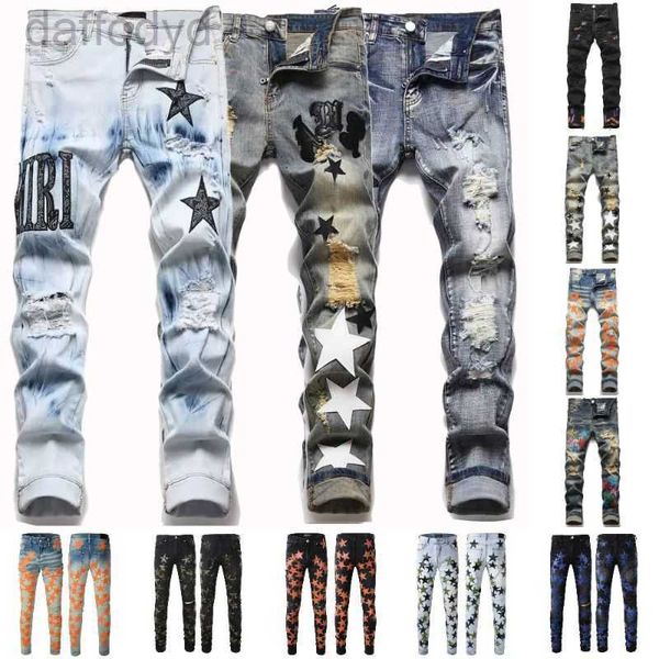 Jeans masculinos designer mens jeans sem rasgos skinny um mirri para homens calças rasgadas com buracos denim homem camisa perna reta slim fit zíper a mari hip hop bikers motocicleta 240305