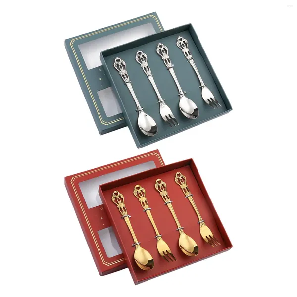 Geschirr-Sets 4-teiliges Löffel-Gabel-Set aus Edelstahl mit Geschenkbox, Gebäck und Teelöffel für Hochzeit, Zucker, Eis, Salat, Kuchen