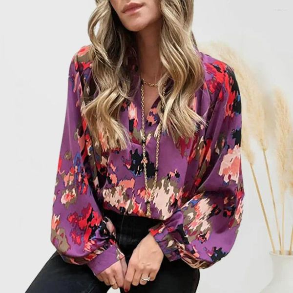 Blusas femininas femininas casual pulôver camisa com decote em v lanterna manga longa solta ajuste bohemia impressão abstrata boho blusa havaí estilo y2k verão