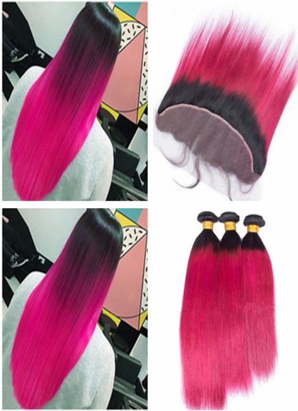 Brasileiro ombre rosa virgem cabelo humano 3 pacotes lida com 13x4 fechamento frontal do laço em linha reta 1b rosa ombre cabelo tece com 3030107