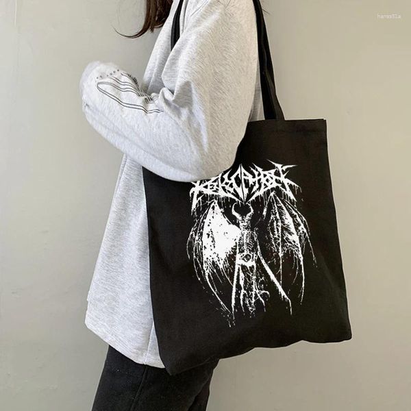Вечерние сумки на плечо с готическим принтом дьявола для женщин, Harajuku, многоразовая сумка для покупок из льна/хлопка, уличный стиль, покупательница, Прямая поставка