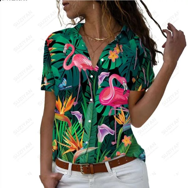 Camicia Primavera e Autunno Camicia a maniche corte hawaiana Flamingo da donna nuova Camicia a maniche corte casual con bottoni polo con stampa digitale 3D