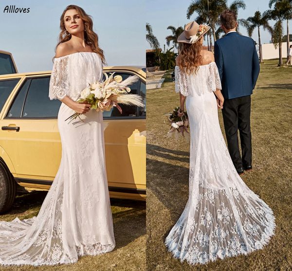 Bateau Neck Alças Sereia Vestidos de Noiva Rústico Country Bohemian Lace Chic Vestidos De Noiva Sweep Train Zipper Beack Noiva Mulheres Vestidos Longos De Novia CL3353