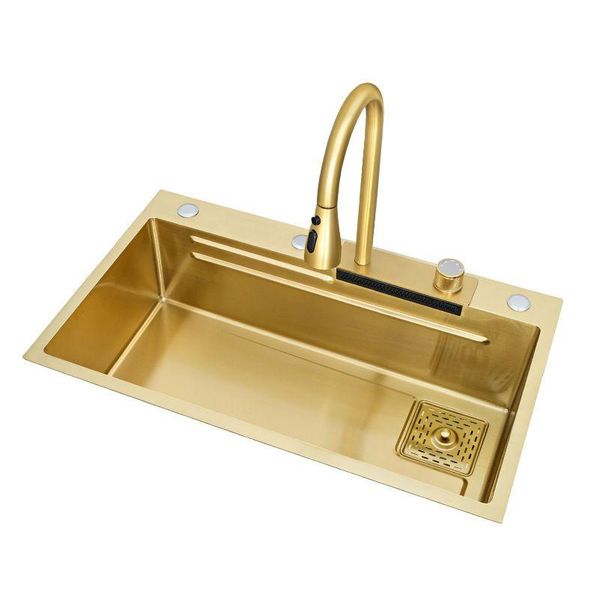 Lavelli Da Cucina Lavello A Cascata Da Cucina In Acciaio Inossidabile 304 Oro Lavabo Per Verdure Lavabo Per Verdure Grande Fessura Singola Medio E Inferiore Addensato Dro Dhs8X