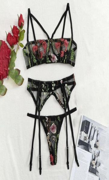 BHs Sets Sexy Set für Frauen Versuchung Transparente Unterwäsche Stickerei Spitze Breves 3 Stück BH Höschen Strumpfband Floral Dessous8097712