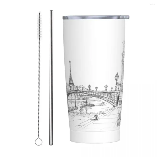 Tumblers E-Eiffel Towers Aço Inoxidável Ponte Tumbler Caneca de Café com Canudos e Tampa Grande Carro Canecas Bebidas Garrafa de Água