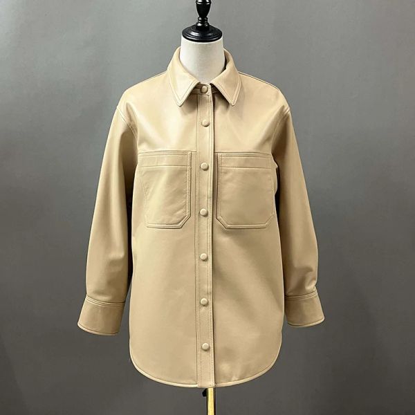 Jaquetas femininas camisa de couro genuíno ouro prata jaqueta de couro 2022 novo estilo senhora oversize longo casacos de couro turn down collar s4416