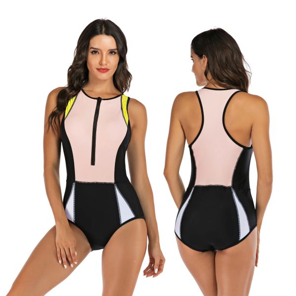 Maiô feminino sem mangas com proteção contra queimaduras, zíper, peça única, plus size, roupa de banho, push up, gola alta, monokini, preto